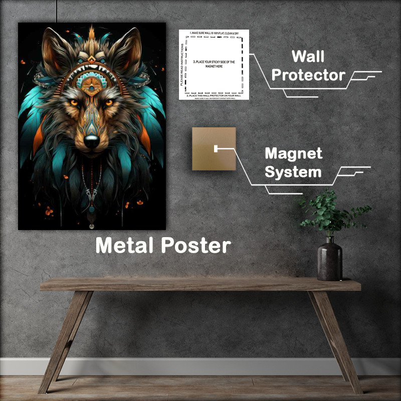 Buy Metal Poster : (Indian wolf with feathers and a black background)