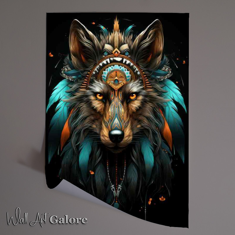 Buy Unframed Poster : (Indian wolf with feathers and a black background)
