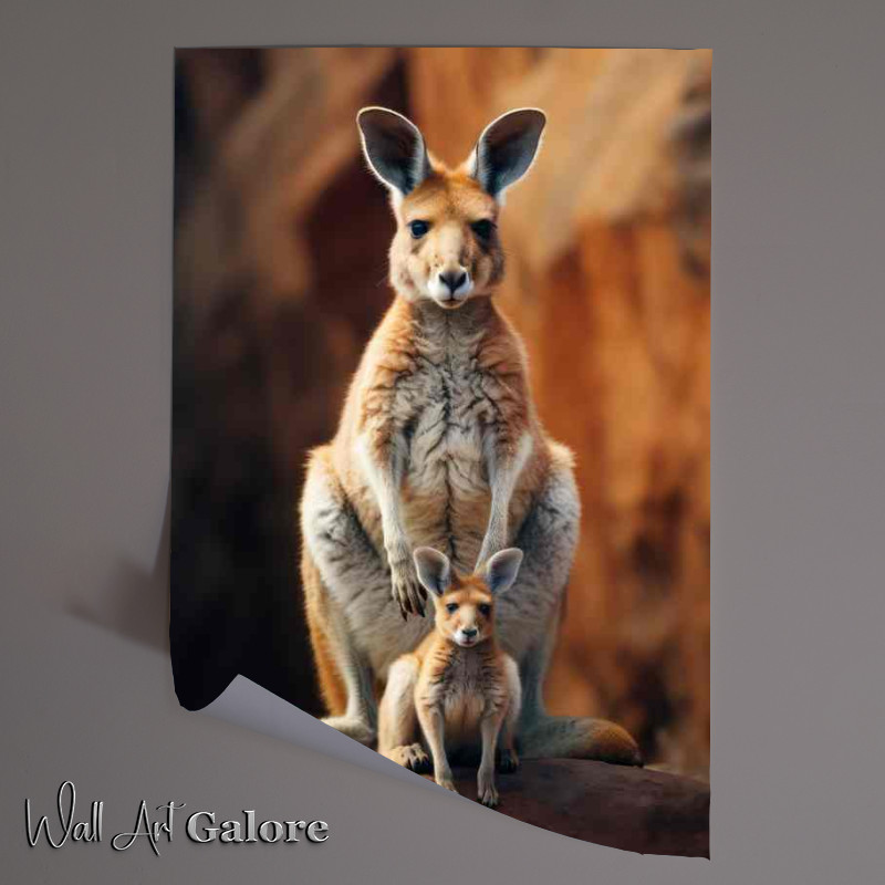 Buy Unframed Poster : (Kangaroo with baby sitting on the hiltop)