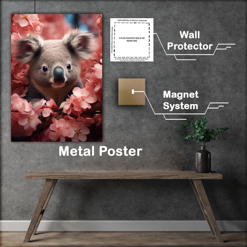 Buy Metal Poster : (Koala sitting in the nest of the pink flowers in bloom)