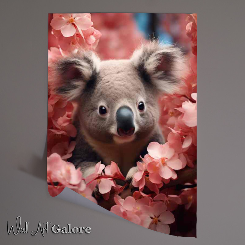 Buy Unframed Poster : (Koala sitting in the nest of the pink flowers in bloom)