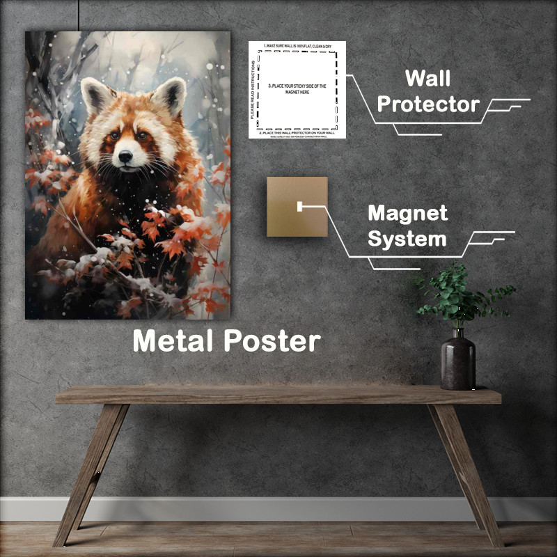Buy Metal Poster : (Red Panda Bear in the winter snow drops)