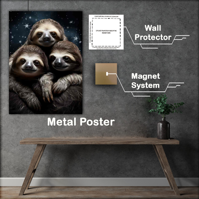 Buy Metal Poster : (Sloths having a cuddle in the midnight sky with stars)