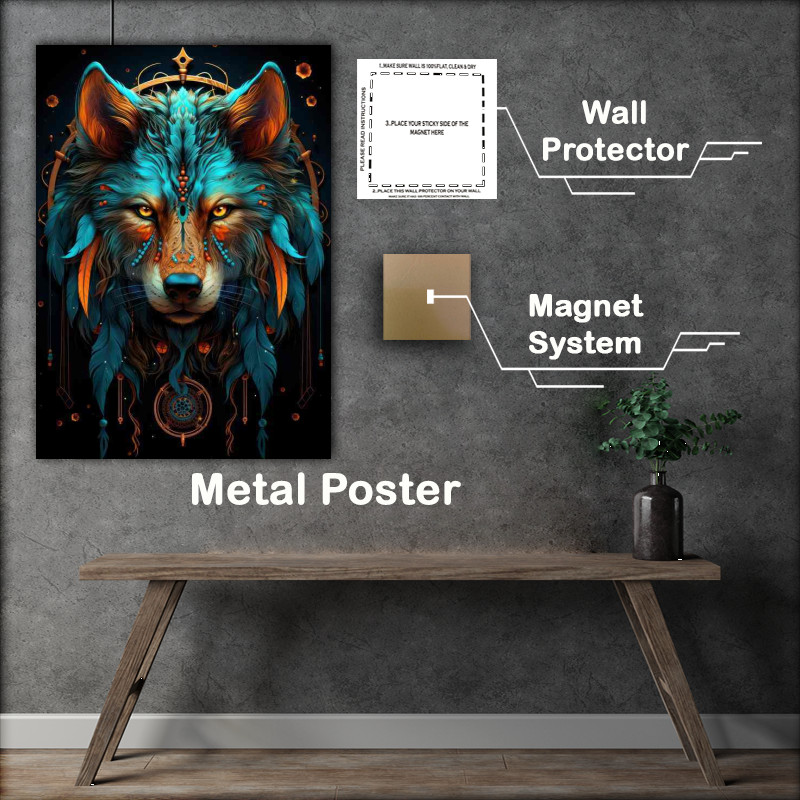 Buy Metal Poster : (The Wolf Dreamcatcher with neon blue style colours)