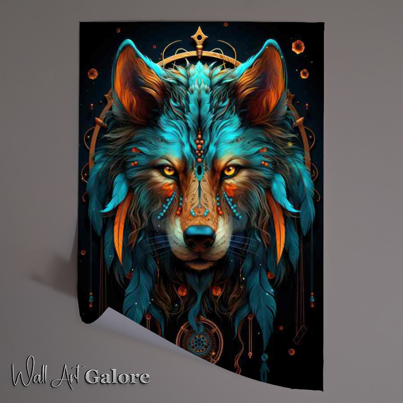 Buy Unframed Poster : (The Wolf Dreamcatcher with neon blue style colours)
