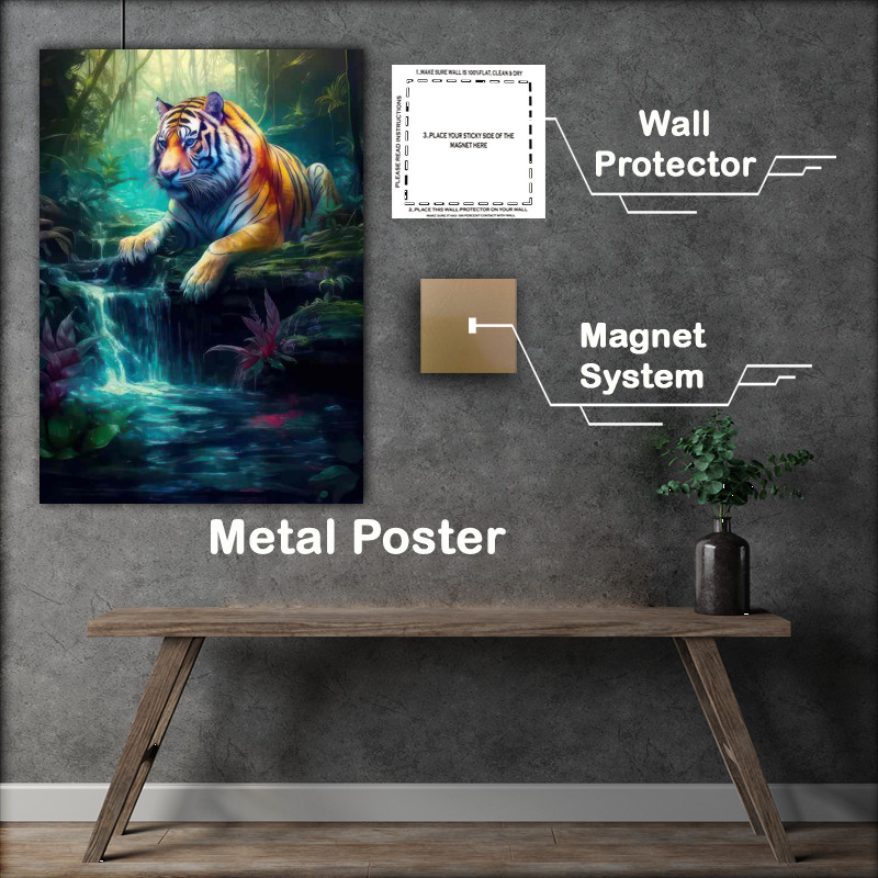 Buy Metal Poster : (Tiger getting his paws wet in the waterfall)