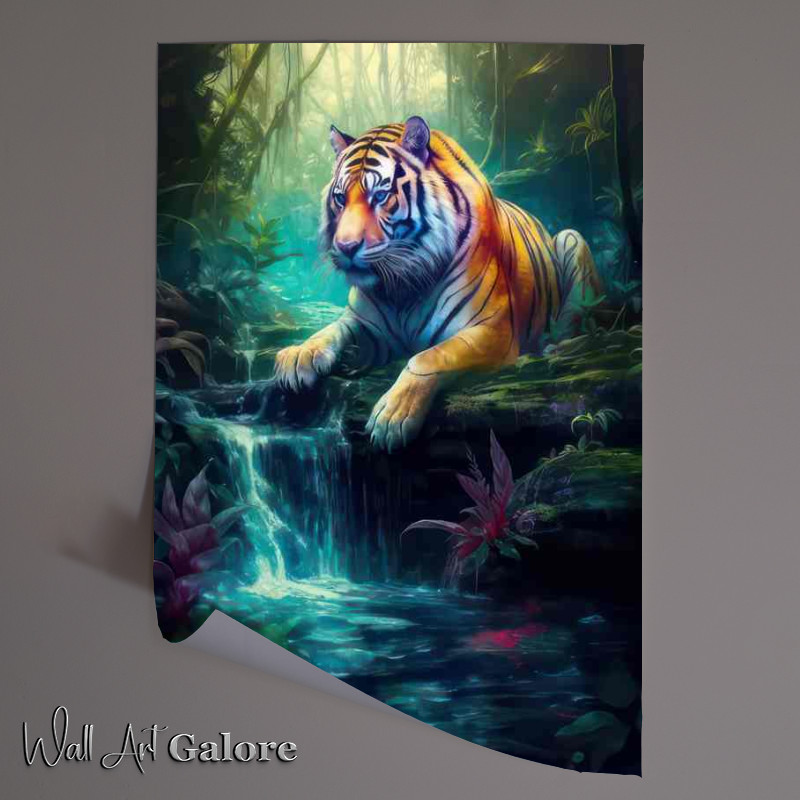 Buy Unframed Poster : (Tiger getting his paws wet in the waterfall)