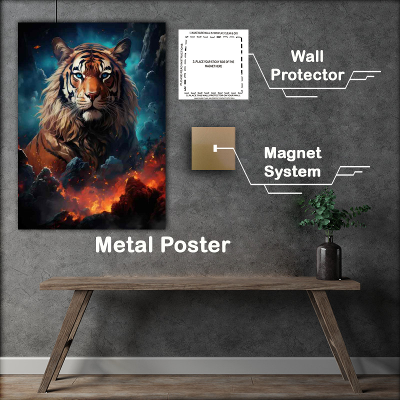 Buy Metal Poster : (Tiger with mountains in the front of him on fire)