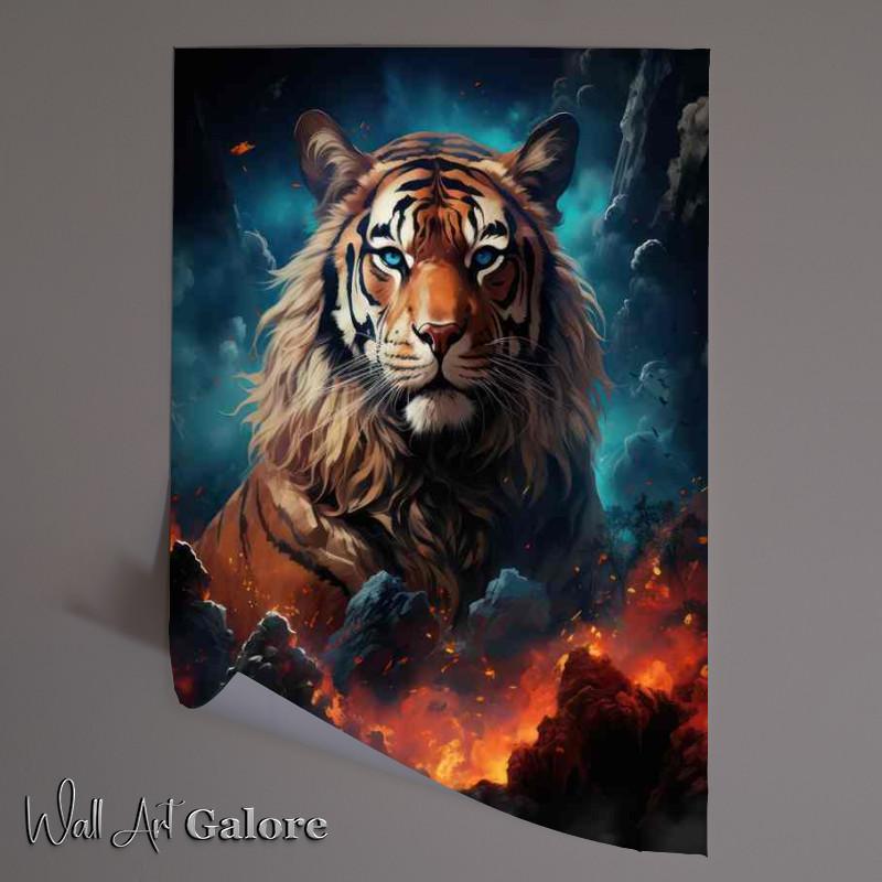 Buy Unframed Poster : (Tiger with mountains in the front of him on fire)