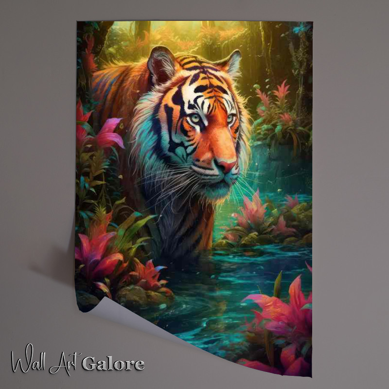 Buy Unframed Poster : (Tigher taking a bath in the jungle surrounded by flowers)