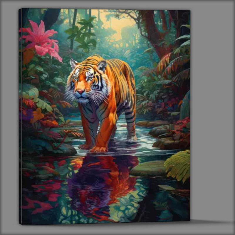 Buy Canvas : (Tigher walking in the river in the middle of the jungle)