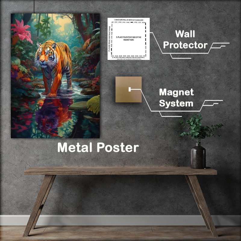 Buy Metal Poster : (Tigher walking in the river in the middle of the jungle)