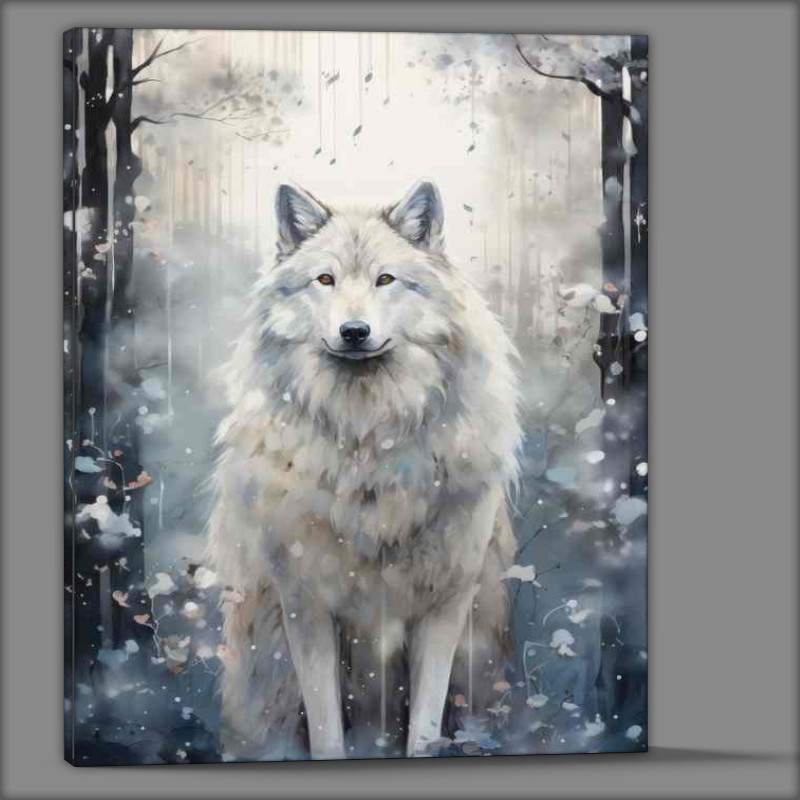 Buy Canvas : (Winter wolf in the woods with snow falling)