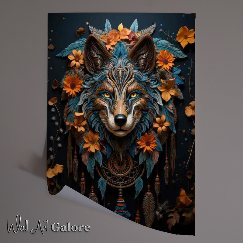 Buy Unframed Poster : (Wolf Dreamcatcher orange and yellow flowers)