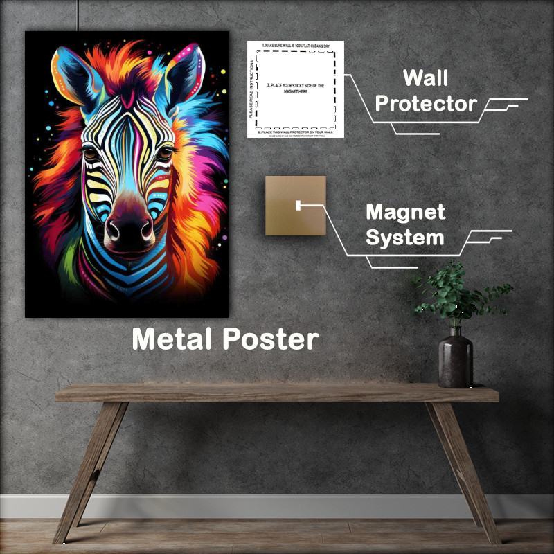 Buy Metal Poster : (Zebra with coloured stripes abstract style)