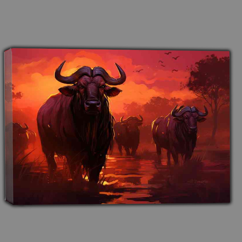 Buy Canvas : (A Heard Of Wilderbeasts Anf the setting sun behind them)