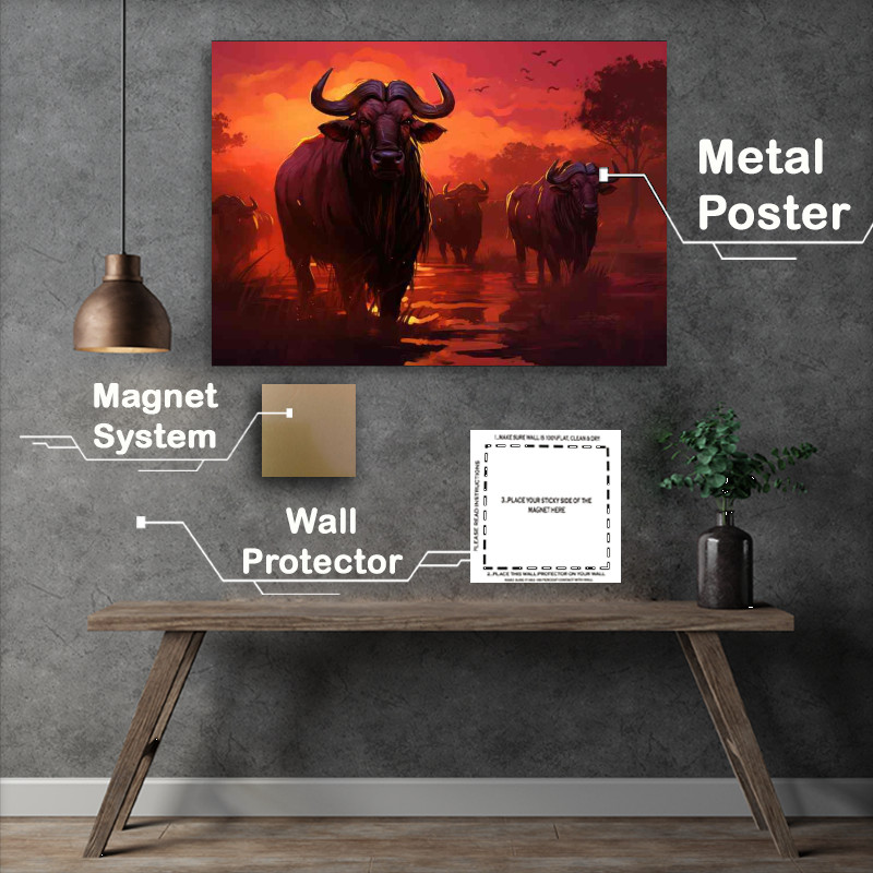 Buy Metal Poster : (A Heard Of Wilderbeasts Anf the setting sun behind them)
