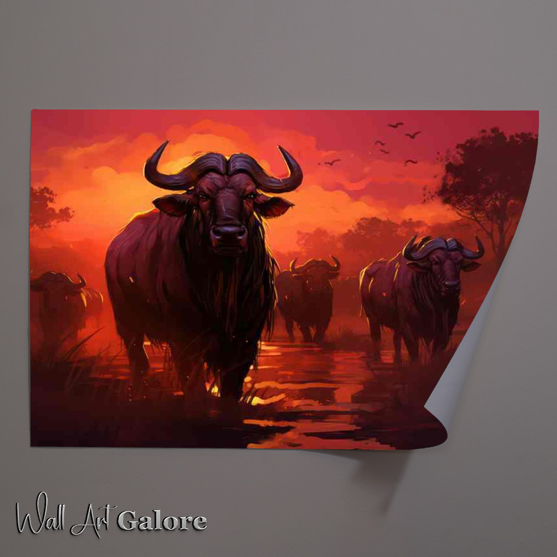 Buy Unframed Poster : (A Heard Of Wilderbeasts Anf the setting sun behind them)