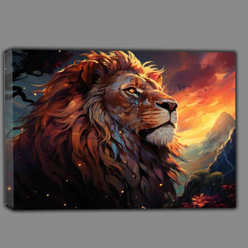 Buy Canvas : (A Lion is standing on top of a rock while the sun is setting)