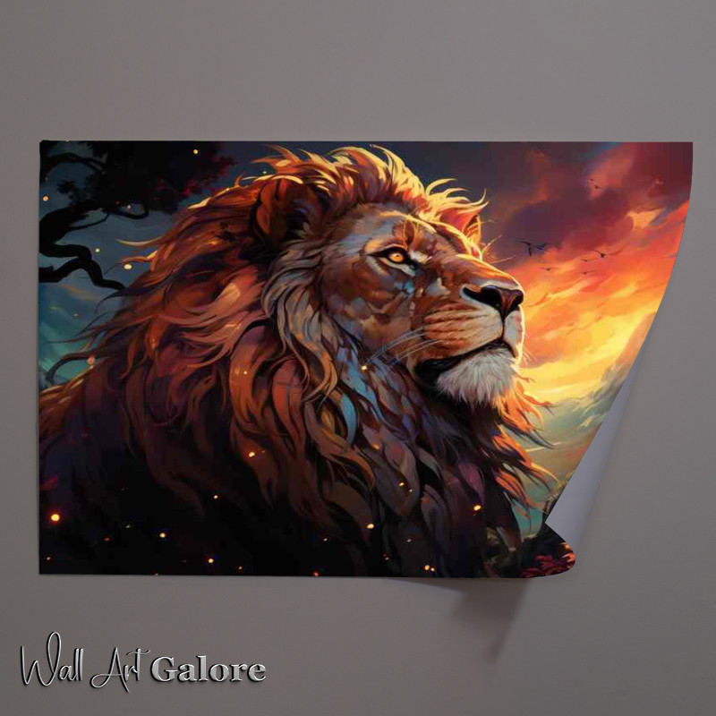 Buy Unframed Poster : (A Lion is standing on top of a rock while the sun is setting)