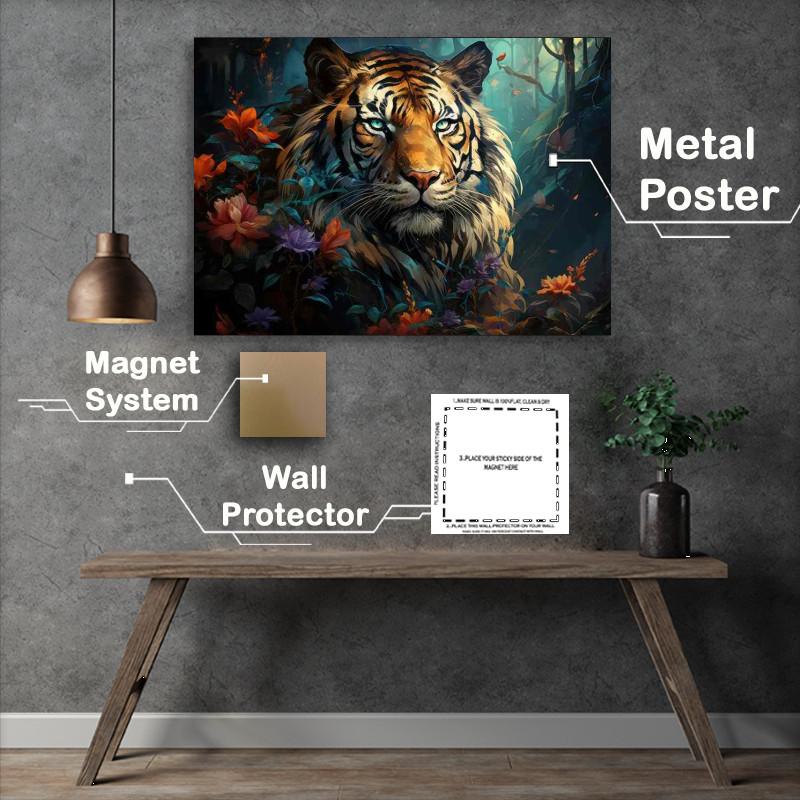 Buy Metal Poster : (A Painted style Tiger surrounded by colourful flowers)