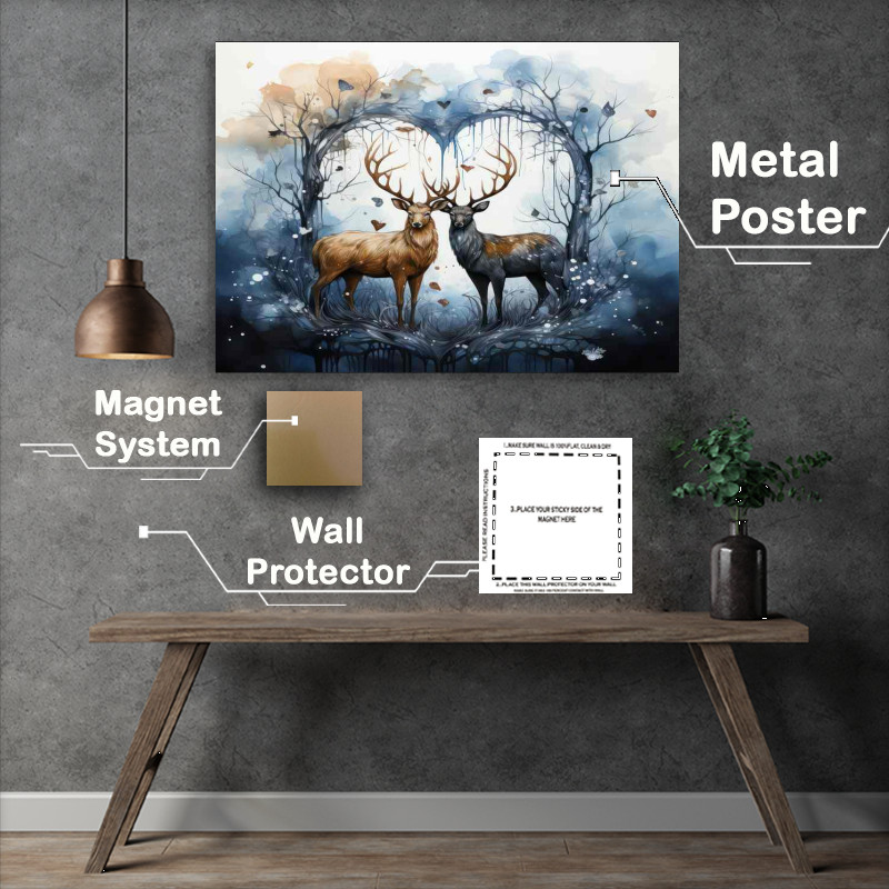 Buy Metal Poster : (A Pair Of Stag Deers in the love tree)