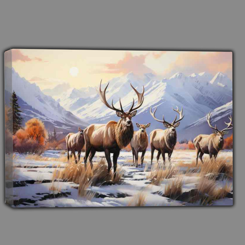 Buy Canvas : (A group of elk standing near a snowy mountain scene)
