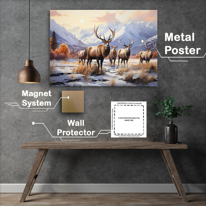 Buy Metal Poster : (A group of elk standing near a snowy mountain scene)
