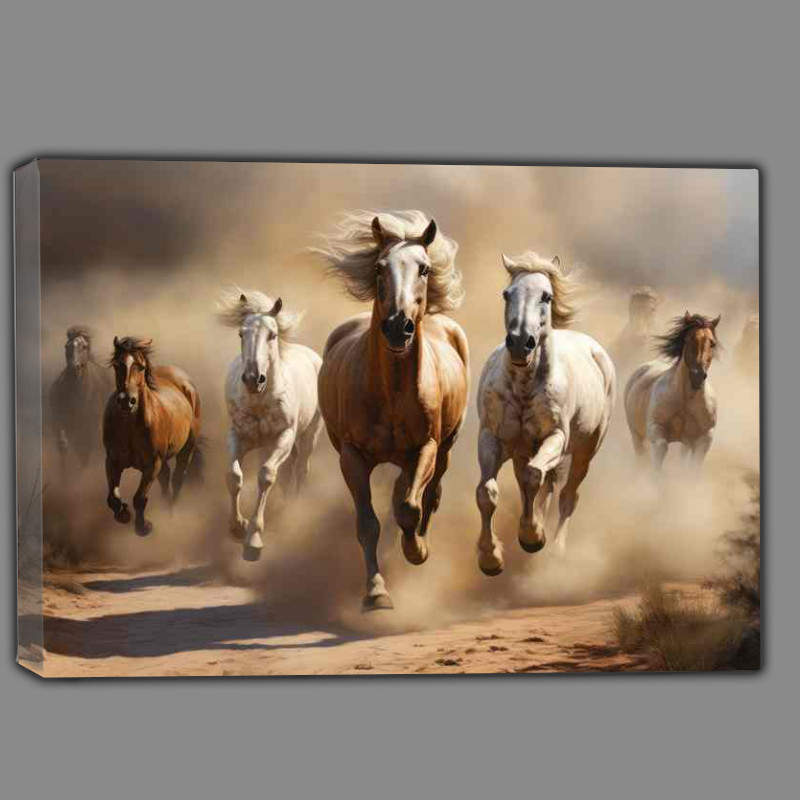 Buy Canvas : (A group of horses galoping across the land kicking up dirt)