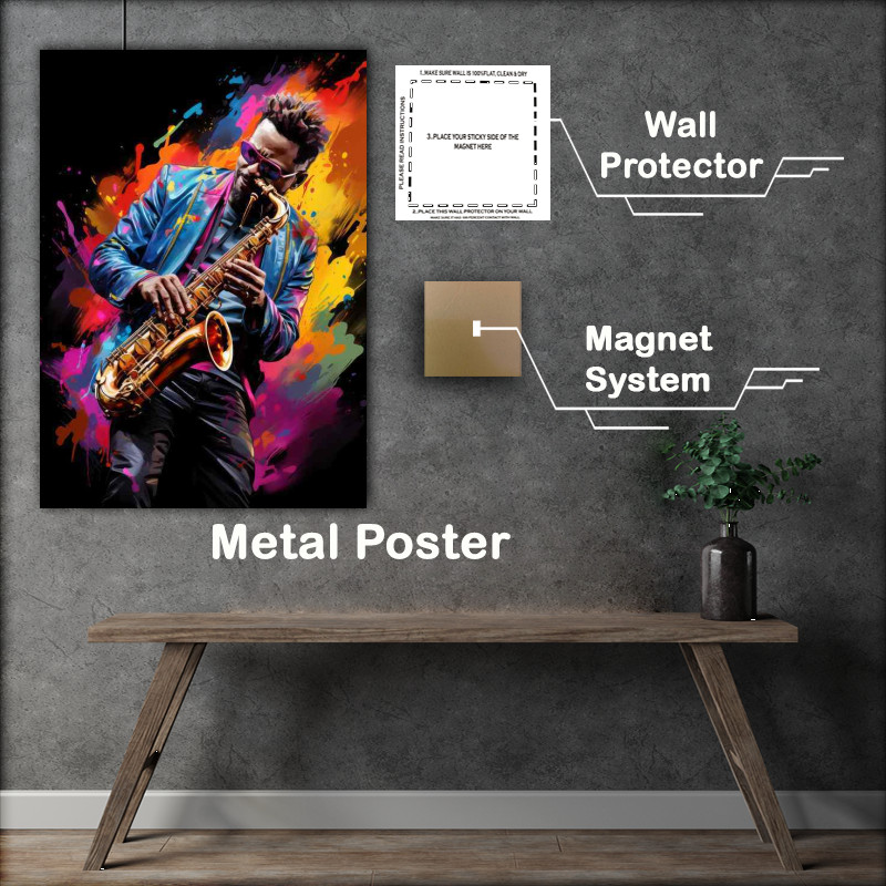 Buy Metal Poster : (Playing saxophone along with coloir splash)