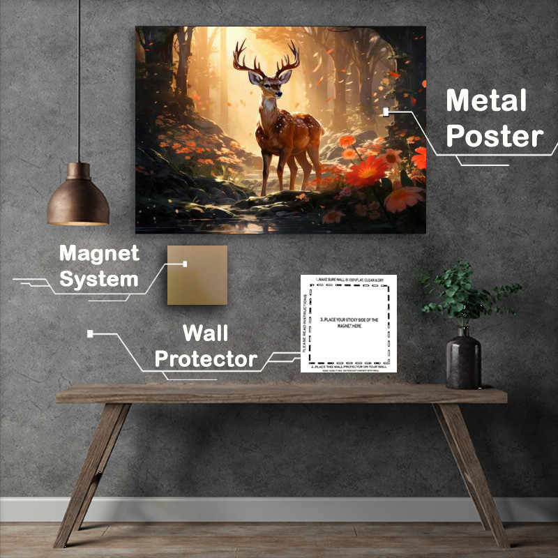 Buy Metal Poster : (Day light shining through the forest with a deer)