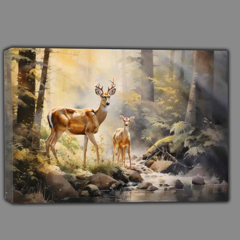 Buy Canvas : (Deer And Baby in The Forest In The Sun)
