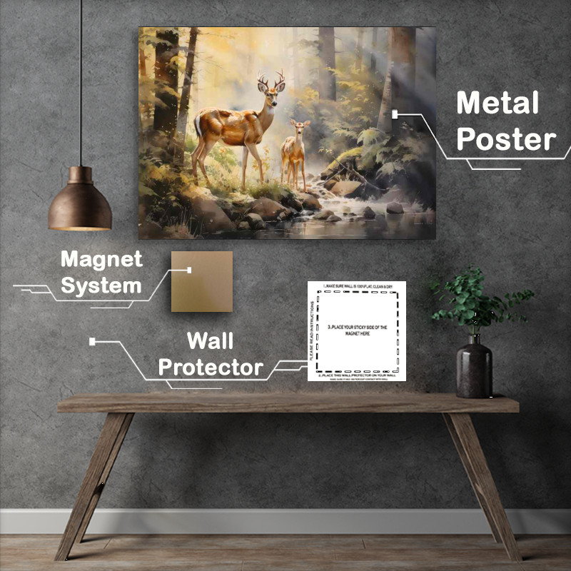 Buy Metal Poster : (Deer And Baby in The Forest In The Sun)