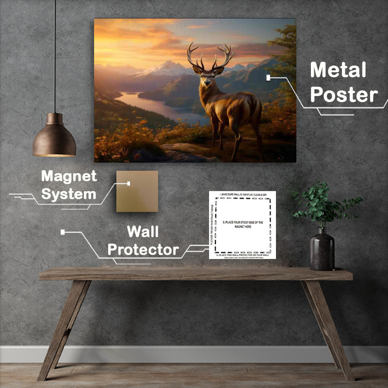 Buy Metal Poster : (Deer By the river on a mountain top)