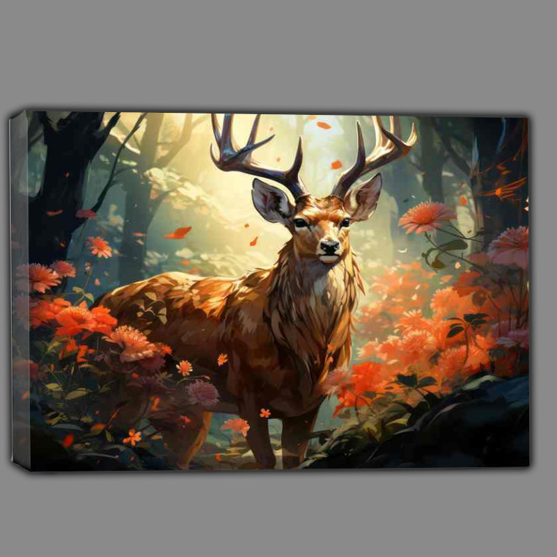 Buy Canvas : (Deer in the forest looking through the flowers)
