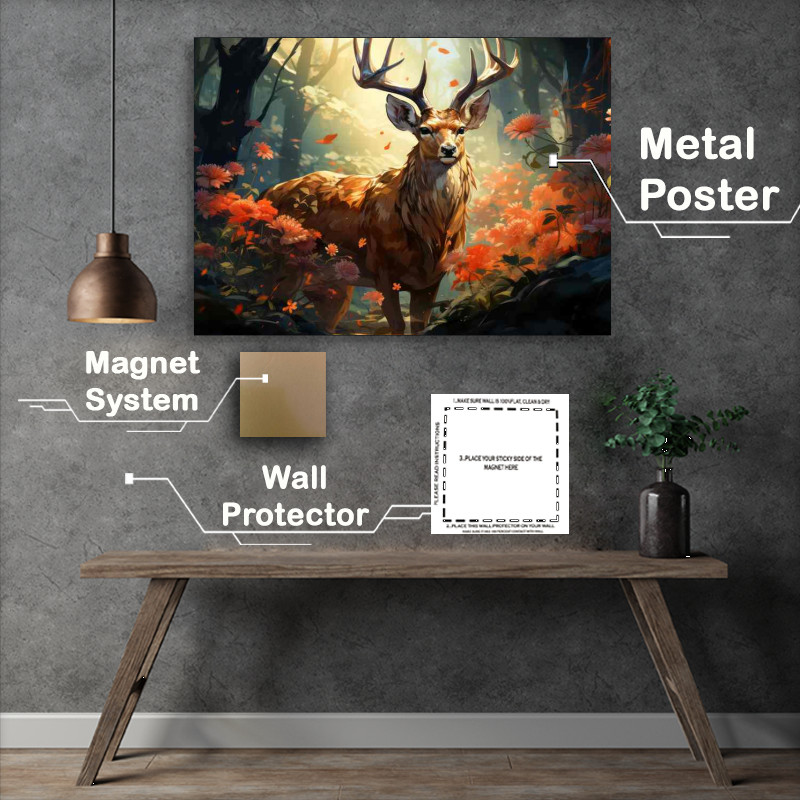 Buy Metal Poster : (Deer in the forest looking through the flowers)