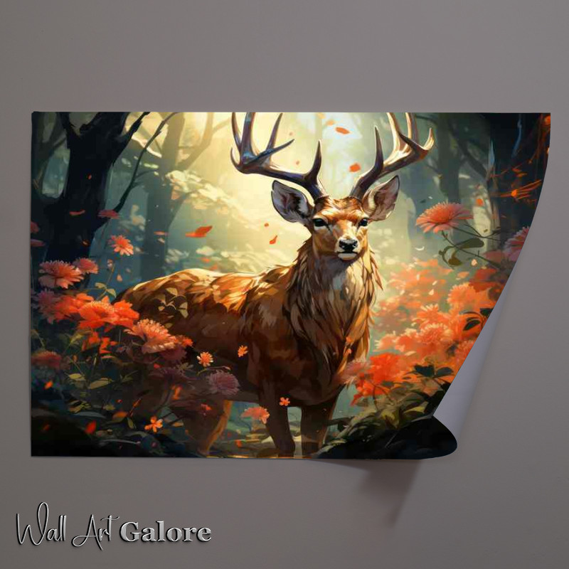 Buy Unframed Poster : (Deer in the forest looking through the flowers)