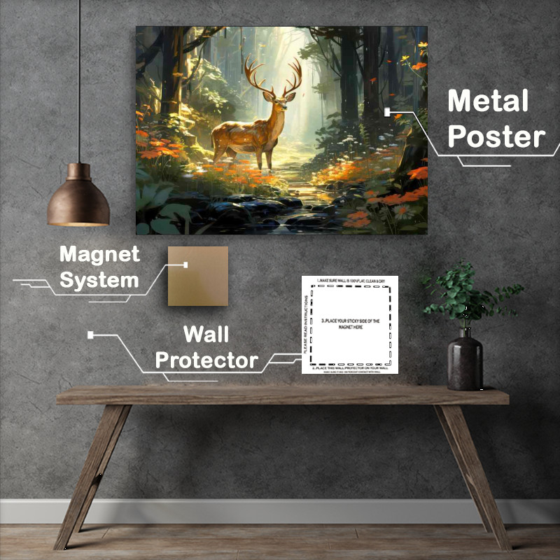 Buy Metal Poster : (Deer in the woodland by the stream)