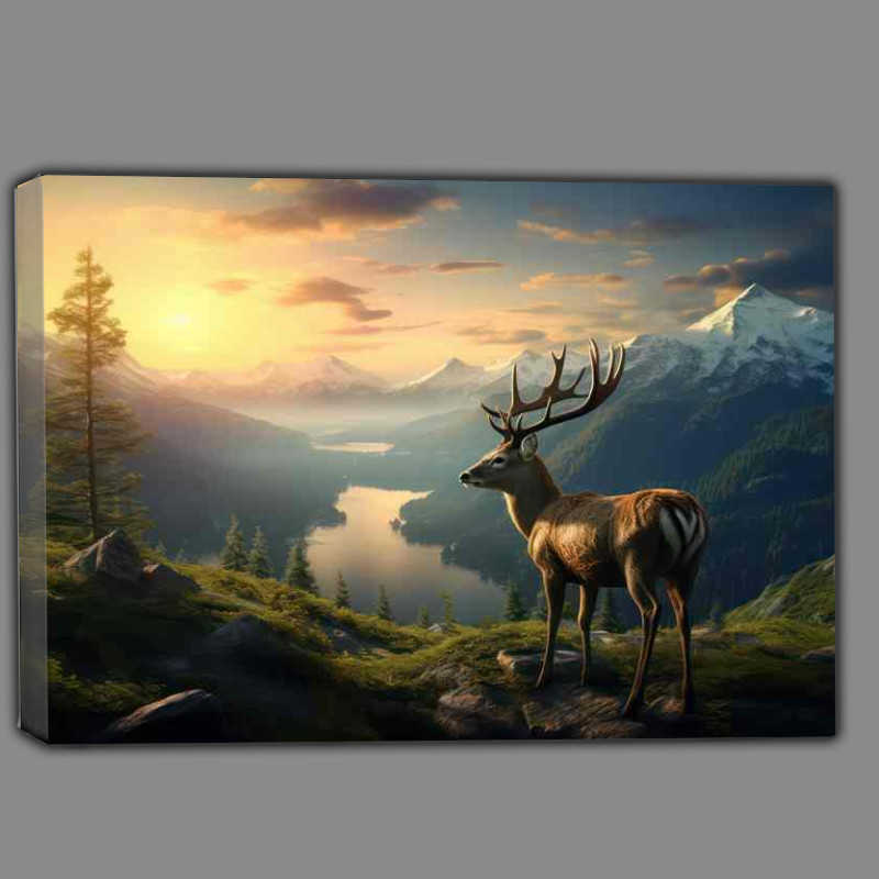 Buy Canvas : (Deer overlooking the mountain tops with a river vally below)