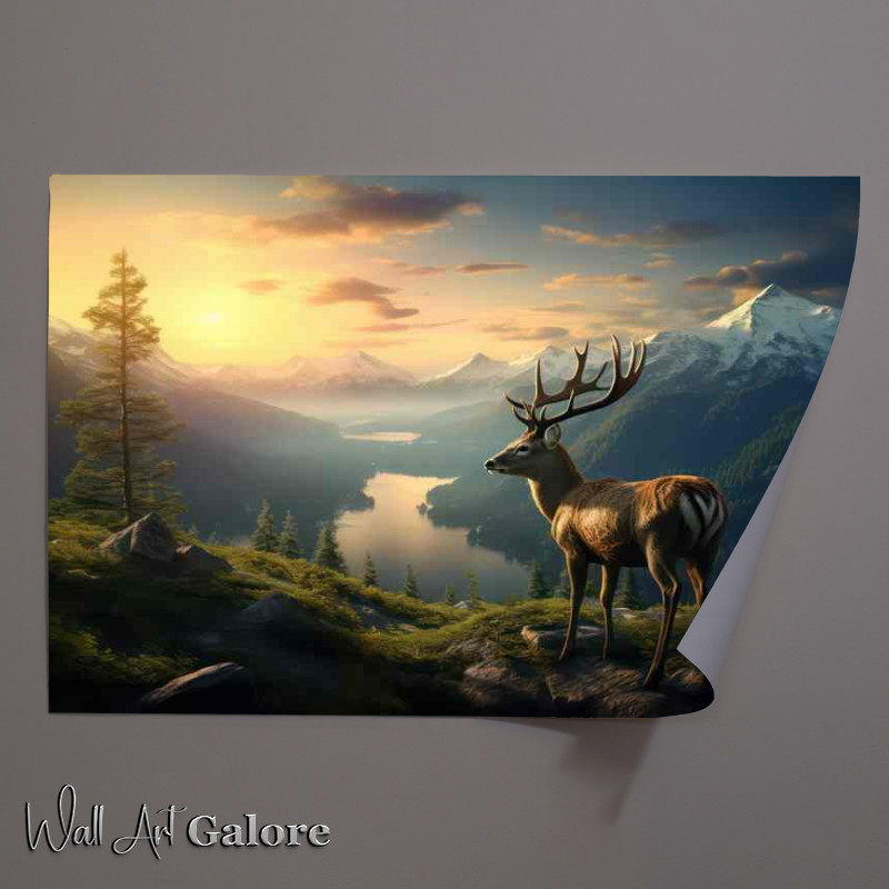 Buy Unframed Poster : (Deer overlooking the mountain tops with a river vally below)