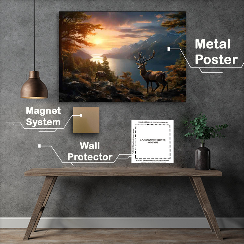 Buy Metal Poster : (Deer with the sunsert in the background)