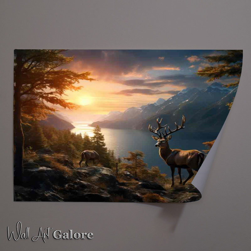 Buy Unframed Poster : (Deer with the sunsert in the background)