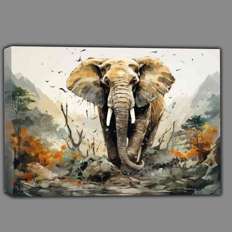 Buy Canvas : (Elephant walking through the vally of mountains)
