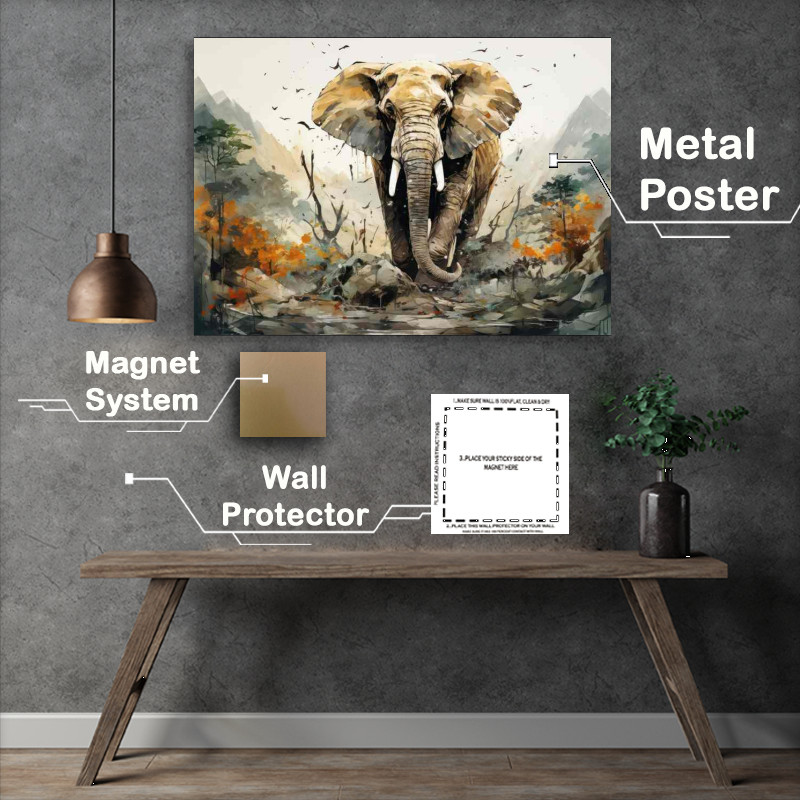Buy Metal Poster : (Elephant walking through the vally of mountains)
