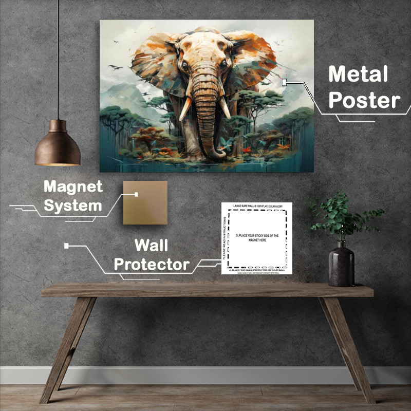 Buy Metal Poster : (Giant Elephant with mountains and forest behind him)