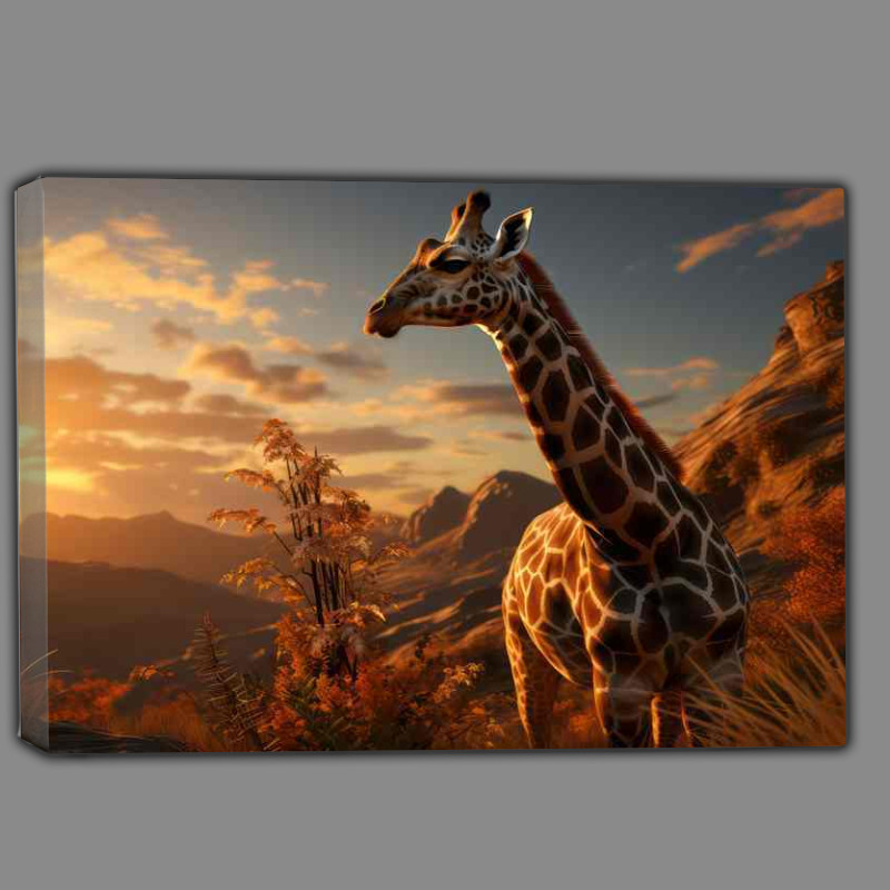 Buy Canvas : (Giraffe in the evening beside the mountains)