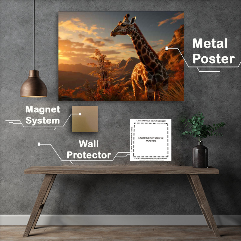 Buy Metal Poster : (Giraffe in the evening beside the mountains)