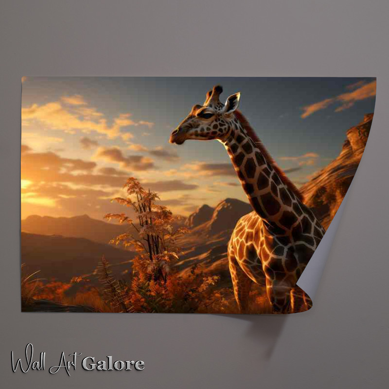 Buy Unframed Poster : (Giraffe in the evening beside the mountains)