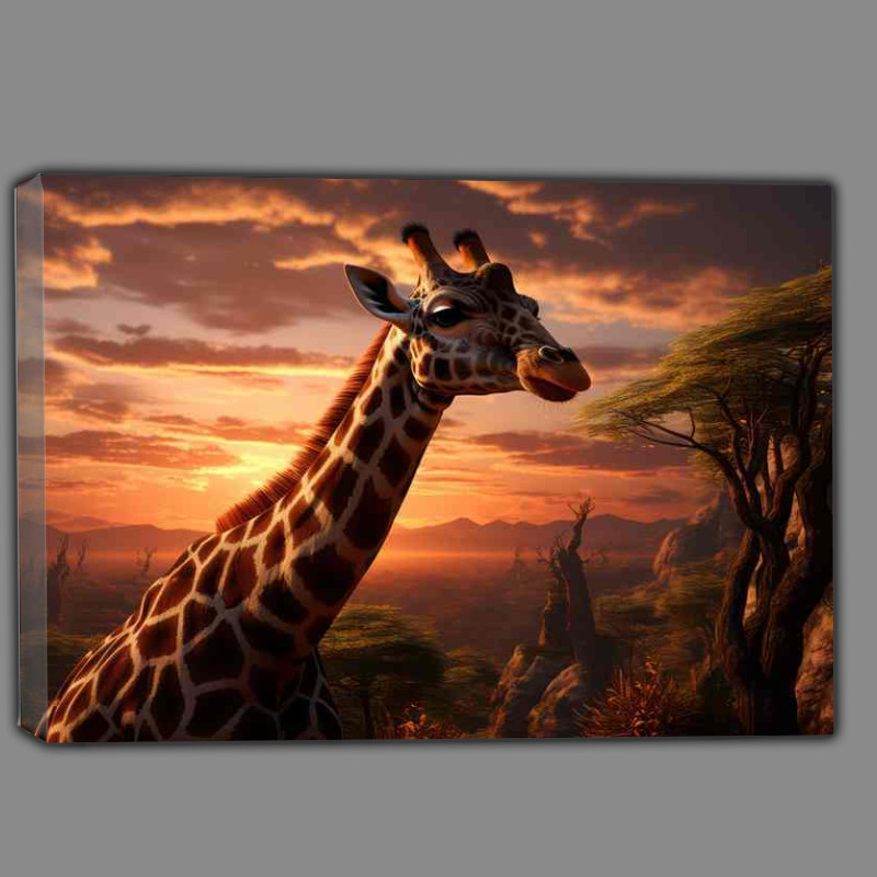 Buy Canvas : (Giraffe in the savanna at sunset time)