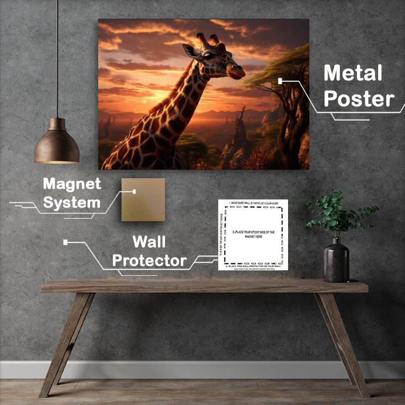 Buy Metal Poster : (Giraffe in the savanna at sunset time)